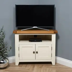 Elm Home And Garden Painted Cream/Off White Corner tv Video Media Unit 65cm High x 80cm Wide x 40cm Deep Fully Assembled