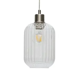 First Choice Lighting Batley Clear Ribbed Glass with Satin Nickel Pendant Fitting