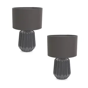 ValueLights Zak Pair of - Charcoal Grey Textured Ceramic Bedside Table Lamp with Drum Shade