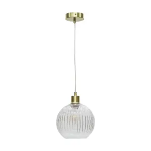 First Choice Lighting Set of 2 Betchley Clear Ribbed Glass Globe with Satin Brass Pendant Fittings