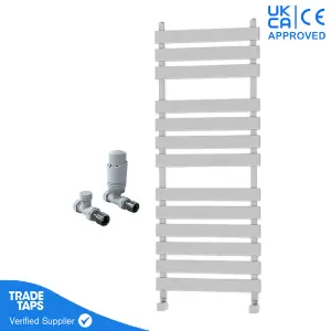 Designer Marvella White Flat Panel Towel Radiator Heated Ladder Rail - 1300 x 500mm - Straight TRV Valve Pair