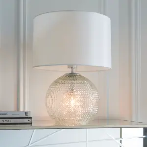 Lucia Clear Textured Glass with Vintage White Faux Silk Shade Modern Classic 2 Light Table Light