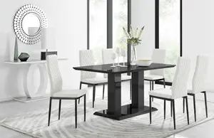 Imperia Black High Gloss 6 Seater Dining Table with Structural 2 Plinth Column Legs 6 White Faux Leather Black Leg Milan Chairs