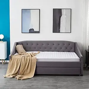 Daybed with Trundle grey 3ft single velvet tufted wooden day bed bedroom