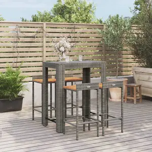 5 Piece Garden Bar Set Grey Poly Rattan&Solid Wood Acacia