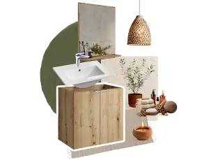 Bathroom Wall Vanity 60cm Cabinet Slim 2 Door Floating Storage Oak Effect Nova