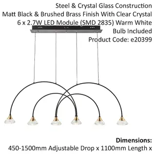 Matt Black Ceiling Pendant Bar Light - Brushed Brass Detailing - 6 Lamp Fitting