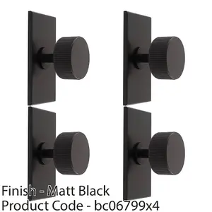 4 PACK - Reeded Radio Cabinet Door Knob & Matching Backplate Lined Matt Black 76 x 40mm