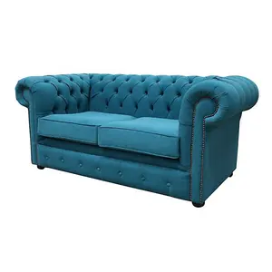 Chesterfield 2 Seater Cantare Teal Blue Fabric Easy Clean Sofa In Classic Style