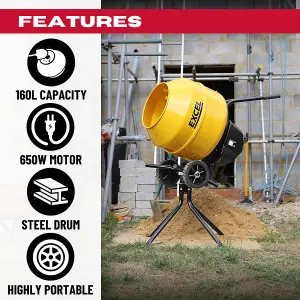 Excel 160L Portable Cement Mixer 240V/650W with Wheels - Yellow