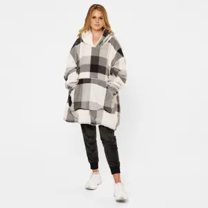 Dreamscene Check Hoodie Blanket Giant Wearable Sherpa Oversized Sweatshirt, Grey