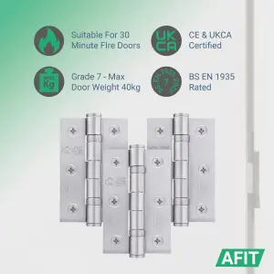 AFIT Satin Chrome Door Hinges - 3 Inch / 76mm  Internal Fire Door Hinges - 1.5 Pairs