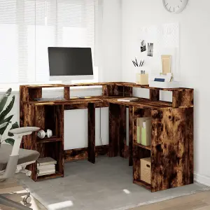 Berkfield Desk with LED Lights Smoked Oak 130x130x91 cm Engineered Wood