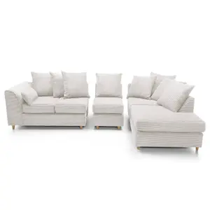 Jumbo Large White Cord Right Facing Corner Sofa for Living Room with Thick Luxury Deep Filled Cushioning