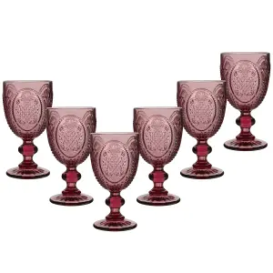 Set of 6 Vintage Luxury Pink Embossed Drinking Wine Glass Wine Goblets 310ml