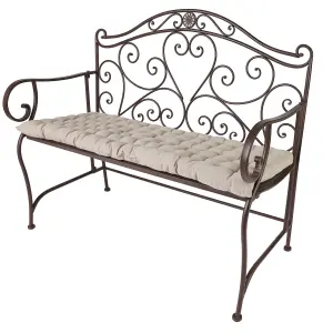 Vintage Brown Scrolled Iron Outdoor Garden Furniture Bench with Grey Bench Cushion