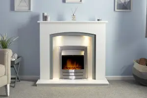 Adam Savanna Fireplace in Pure White & Grey with Downlights & Colorado Electric Fire in Brushed steel, 48 Inch