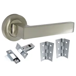 Cafri Door Handle Modern Satin Nickel Rectangular Lever on Rose Internal + 64mm Latch & Hinges