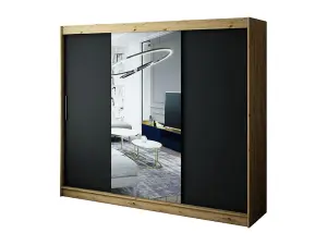 Leto T1 Contemporary 2 Sliding Mirror Door Wardrobe 9 Shelves 2 Rails Black Matt and Oak Effect (H)2000mm (W)2500mm (D)620mm