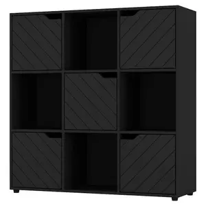 URBNLIVING 91cm Height Black Wooden 9 Cubes Bookcase with Line Door Display Shelf Storage Shelving Cupboard