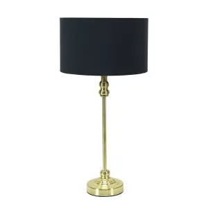 ValueLights Maggie Gold Metal Candlestick Slim Table Lamp with Black Fabric Drum Lamp Shade and LED Bulb