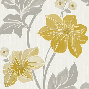 Grandeco Clematis Floral Trail Textured Blown Vinyl Wallpaper, Yellow