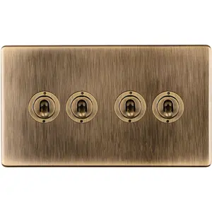 4 Gang Quad Retro Toggle Light Switch SCREWLESS ANTIQUE BRASS 10A 2 Way Lever