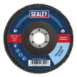 Sealey Flap Disc Zirconium 100mm 16mm Bore 40 Grit Abrasive Flaps FD10040