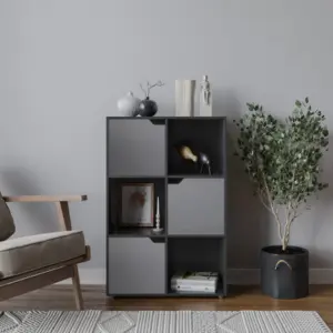 URBNLIVING 6 Cube Black Wooden Bookcase Shelving Display Shelves Storage Unit Wood Shelf Grey Door