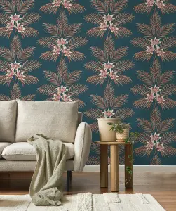 Fine Decor Bali Tropical Floral Teal Peacock Wallpaper FD43280