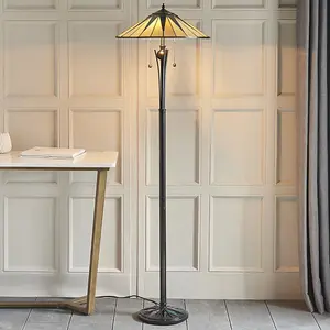 1.5m Tiffany Twin Floor Lamp Black & Multi Colour Stained Glass Shade i00009