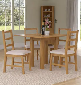 Hallowood Furniture Waverly Small Folding Table with 4 Ladder Back Oak Chairs with Beige Fabric Seats