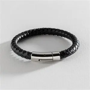 Revere Men's Black Leather Stainless Steel Braided Bracelet