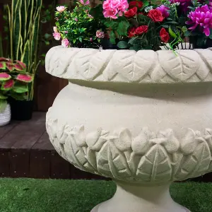 Round Sandstone Urn Vase with Leaf Design