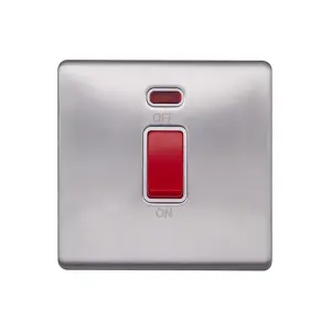 Brushed Chrome Screwless Plate  45A 1 Gang Double Pole Switch, Single Plate - White Trim - SE Home