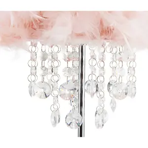 Modern Chandelier Style Pink Feather Table Lamp with Waterfall Acrylic Droplets