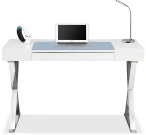 Homeology ADONIS White with Built-In Luxury Light Blue Leather Pad Ergonomic Home Office Desk