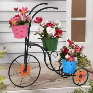 Metal Bicycle Planter Basket Stand - Decorative Flower Pot Cart for Garden Patio Deck Entry and Porch Décor