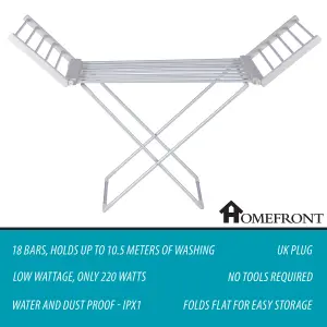 Homefront Electric Heated Clothes Horse Rail Airer Dryer 220W - Indoor Portable Free Standing - Energy Efficient, Low Energy