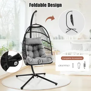 COSTWAY Indoor Outdoor Hanging Chair Patio Swing Egg Chair W/ Stand & Cushion