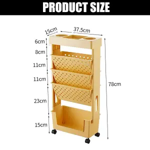 5-Tier Bookshelf Book Rack Small, Plastic Storage Trolley Cart  - Yellow