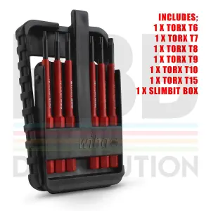 Wiha SlimBits Torx Screwdriver Bits Set Box T6 To T15 7pcs VDE Electrician 43154