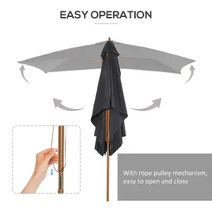 Outsunny Wooden Garden Parasol Sun Shade Patio Umbrella Canopy Dark Grey