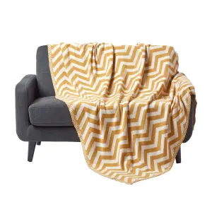 Homescapes Mustard Chevron Cotton Knitted Throw, 130 x 170 cm