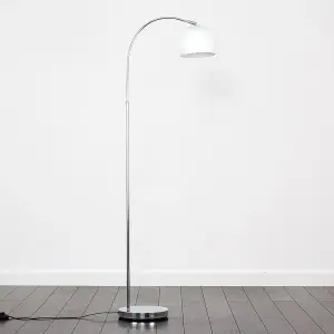 ValueLights Designer Style Chrome Stem Floor Lamp With White Arco Style Metal Dome Light Shade With LED GLS Bulb in Warm White