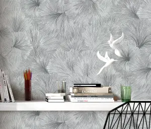 Designer Ginkgo Flower Wallpaper in Silver and Charcoal