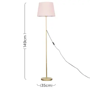 ValueLights Modern Standard Floor Lamp In Gold Metal Finish With Pink Tapered Shade - Includes 6w LED GLS Bulb 3000K Warm White