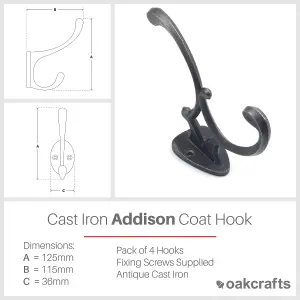 Oakcrafts - Antique Cast Iron Addison Coat Hook 125mm - Pack of 4