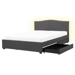 Fabric EU King Size Bed White LED with Storage Grey MONTPELLIER