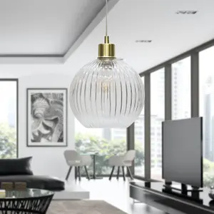 First Choice Lighting Set of 2 Betchley Clear Ribbed Glass Globe with Satin Brass Pendant Fittings